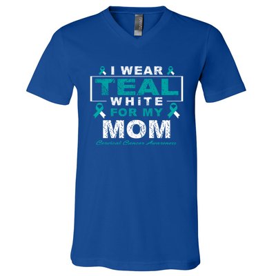 I Wear Teal And White For My Mom Cervical Cancer Awareness Gift V-Neck T-Shirt