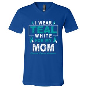 I Wear Teal And White For My Mom Cervical Cancer Awareness Gift V-Neck T-Shirt