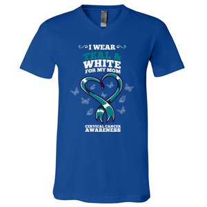 I Wear Teal And White For My Mom Cervical Cancer Awareness Gift V-Neck T-Shirt