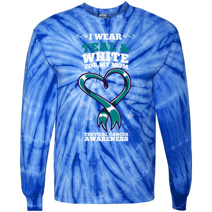 I Wear Teal And White For My Mom Cervical Cancer Awareness Gift Tie-Dye Long Sleeve Shirt