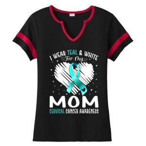 I Wear Teal And White For My Mom Cervical Cancer Awareness Cute Gift Ladies Halftime Notch Neck Tee