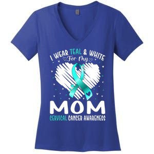 I Wear Teal And White For My Mom Cervical Cancer Awareness Cute Gift Women's V-Neck T-Shirt