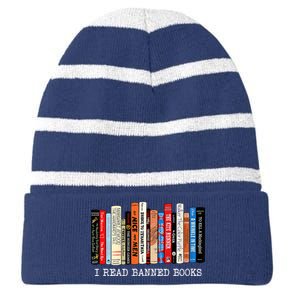 I'm With The Banned Funny Bookworm Shirt Banned Book Striped Beanie with Solid Band