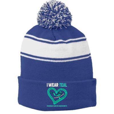 I Wear Teal In My Memory Of My Mom Ovarian Cancer Awareness Cute Gift Stripe Pom Pom Beanie