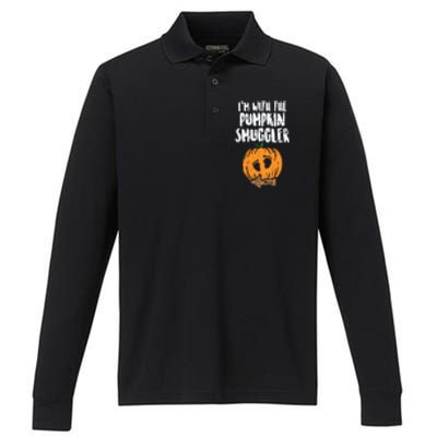 Im With The Pumpkin Smuggler Halloween Pregnancy Couple Dad Performance Long Sleeve Polo