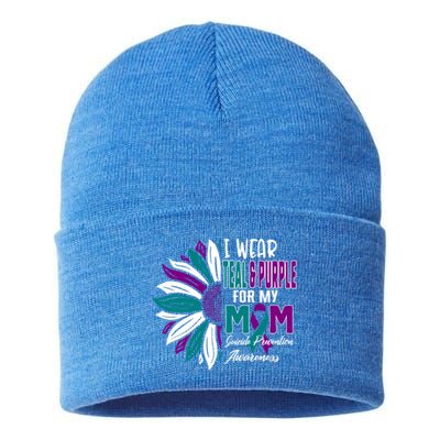 I Wear Teal And Purple For My Mom Suicide Prevention Awareness Gift Sustainable Knit Beanie