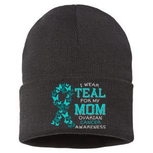 I Wear Teal For My Mom Ovarian Cancer Carcinoma Butterflies Sustainable Knit Beanie