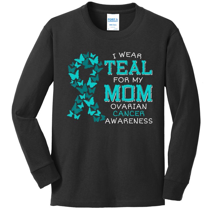 I Wear Teal For My Mom Ovarian Cancer Carcinoma Butterflies Kids Long Sleeve Shirt