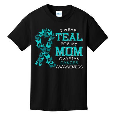 I Wear Teal For My Mom Ovarian Cancer Carcinoma Butterflies Kids T-Shirt