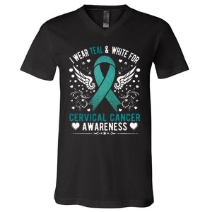 I Wear Teal & White For Cervical Cancer Awareness V-Neck T-Shirt