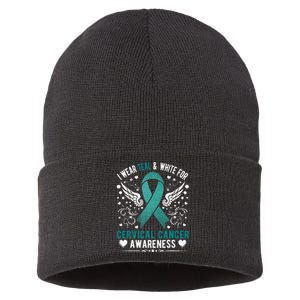 I Wear Teal & White For Cervical Cancer Awareness Sustainable Knit Beanie