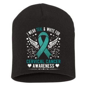 I Wear Teal & White For Cervical Cancer Awareness Short Acrylic Beanie