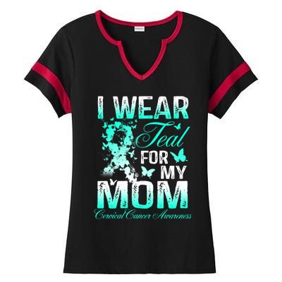 I Wear Teal For My Mom Butterfly Ovarian Cancer Support Gift Ladies Halftime Notch Neck Tee