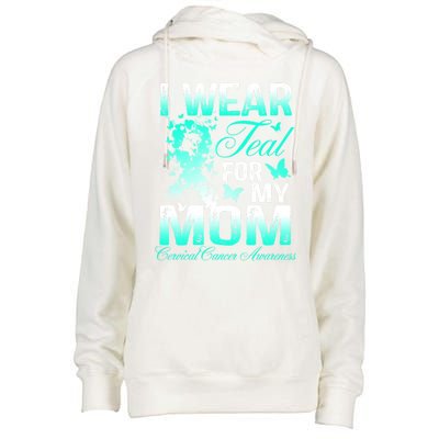 I Wear Teal For My Mom Butterfly Ovarian Cancer Support Gift Womens Funnel Neck Pullover Hood