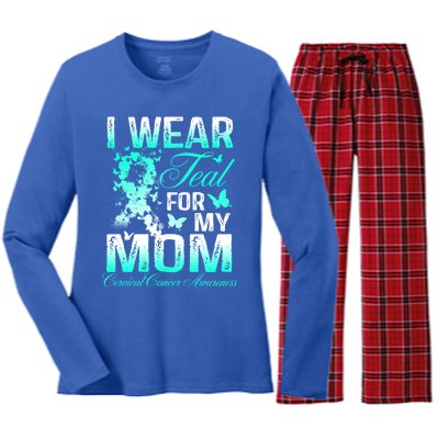 I Wear Teal For My Mom Butterfly Ovarian Cancer Support Gift Women's Long Sleeve Flannel Pajama Set 