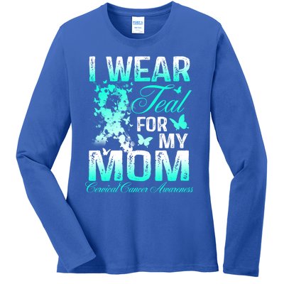 I Wear Teal For My Mom Butterfly Ovarian Cancer Support Gift Ladies Long Sleeve Shirt