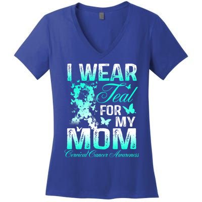 I Wear Teal For My Mom Butterfly Ovarian Cancer Support Gift Women's V-Neck T-Shirt