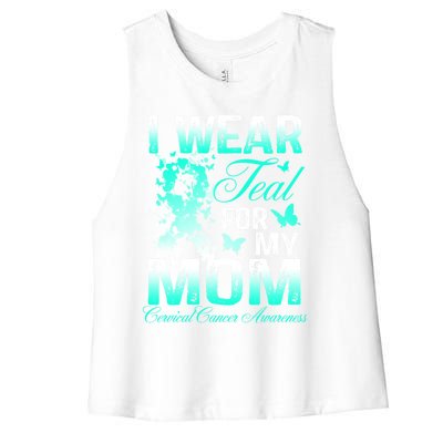 I Wear Teal For My Mom Butterfly Ovarian Cancer Support Gift Women's Racerback Cropped Tank