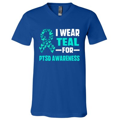 I Wear Teal For Ptsd Awareness Hearts Family Mom Gift V-Neck T-Shirt