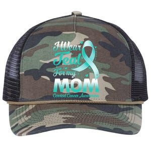 I Wear Teal For My Mom Cervical Cancer Awareness Ribbon Gift Retro Rope Trucker Hat Cap