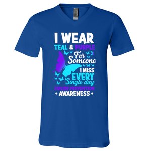 I Wear Teal And Purple For Someone I Miss Suicide Prevention Gift V-Neck T-Shirt