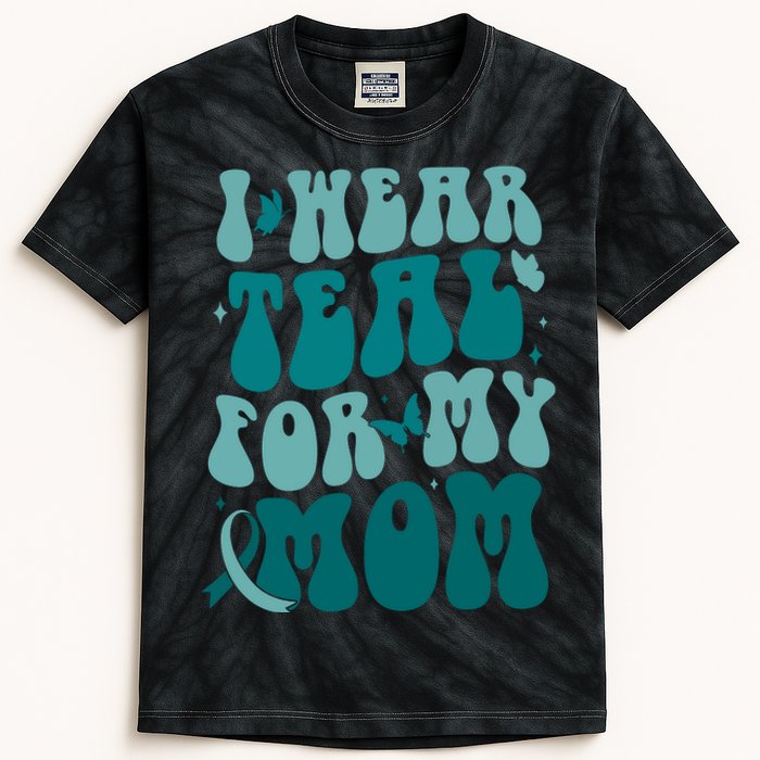 I Wear Teal For My Mom Ovarian Cancer Awareness Kids Tie-Dye T-Shirt