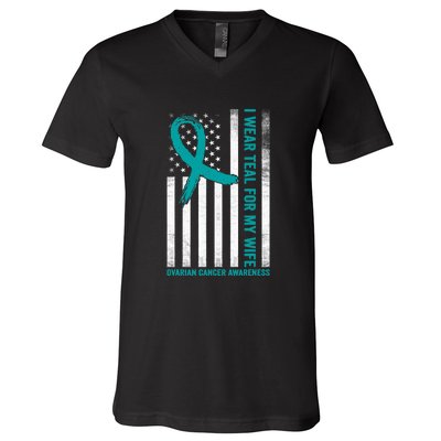 I Wear Teal For My Wife Ovarian Cancer Awareness V-Neck T-Shirt