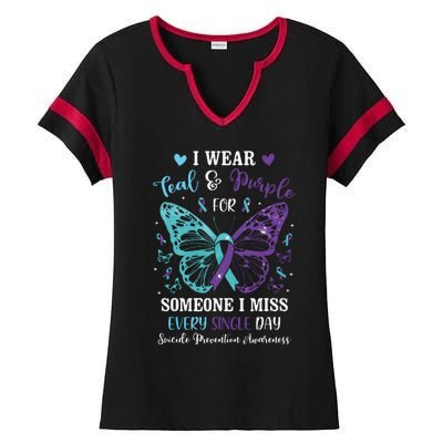 I Wear Teal & Purple Suicide Prevention Awareness Butterfly Ladies Halftime Notch Neck Tee