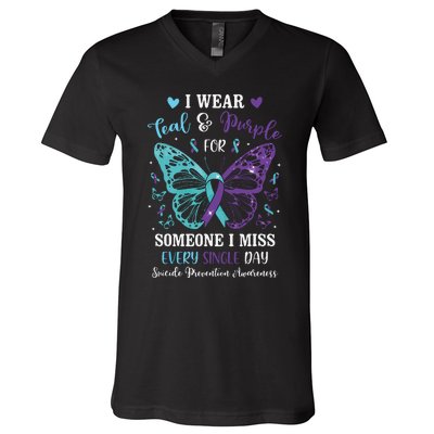 I Wear Teal & Purple Suicide Prevention Awareness Butterfly V-Neck T-Shirt