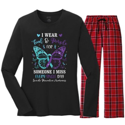 I Wear Teal & Purple Suicide Prevention Awareness Butterfly Women's Long Sleeve Flannel Pajama Set 