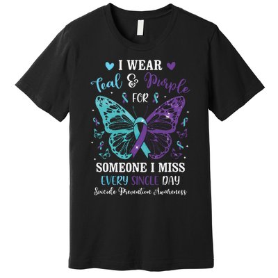 I Wear Teal & Purple Suicide Prevention Awareness Butterfly Premium T-Shirt