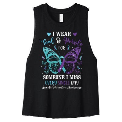 I Wear Teal & Purple Suicide Prevention Awareness Butterfly Women's Racerback Cropped Tank