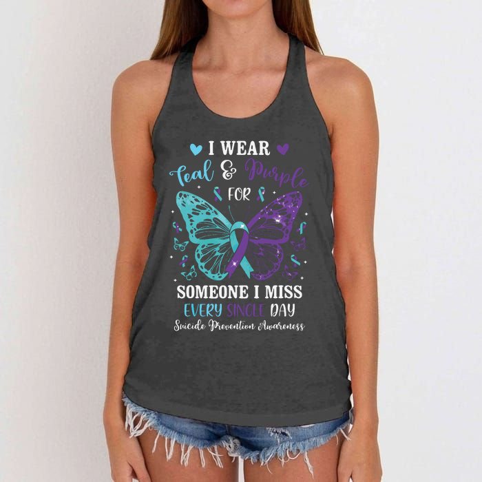 I Wear Teal & Purple Suicide Prevention Awareness Butterfly Women's Knotted Racerback Tank