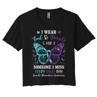 I Wear Teal & Purple Suicide Prevention Awareness Butterfly Women's Crop Top Tee