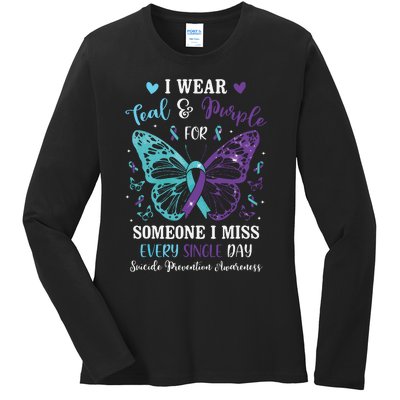 I Wear Teal & Purple Suicide Prevention Awareness Butterfly Ladies Long Sleeve Shirt