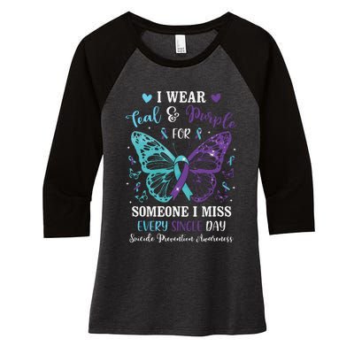 I Wear Teal & Purple Suicide Prevention Awareness Butterfly Women's Tri-Blend 3/4-Sleeve Raglan Shirt