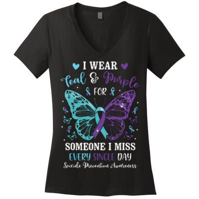 I Wear Teal & Purple Suicide Prevention Awareness Butterfly Women's V-Neck T-Shirt