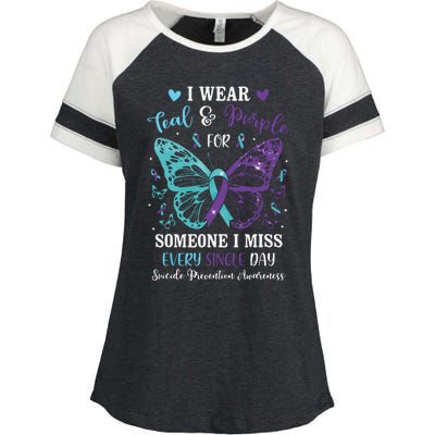 I Wear Teal & Purple Suicide Prevention Awareness Butterfly Enza Ladies Jersey Colorblock Tee