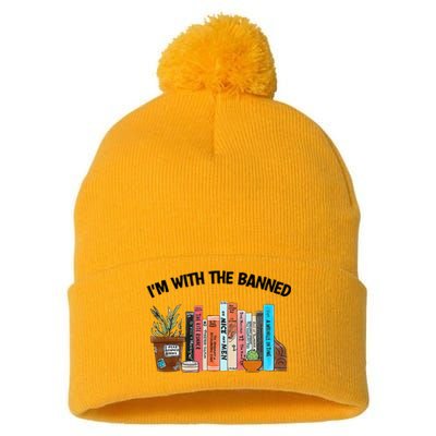 I'm With The Banned Funny Book Readers I Read Banned Books Pom Pom 12in Knit Beanie