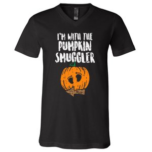 Im With The Pumpkin Smuggler Halloween Pregnancy V-Neck T-Shirt