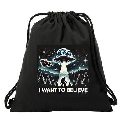 I Want To Believe Funny Ufo Bigfoot Santa Christmas Design Drawstring Bag
