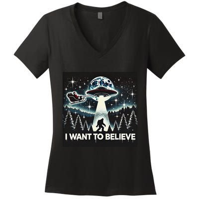 I Want To Believe Funny Ufo Bigfoot Santa Christmas Design Women's V-Neck T-Shirt