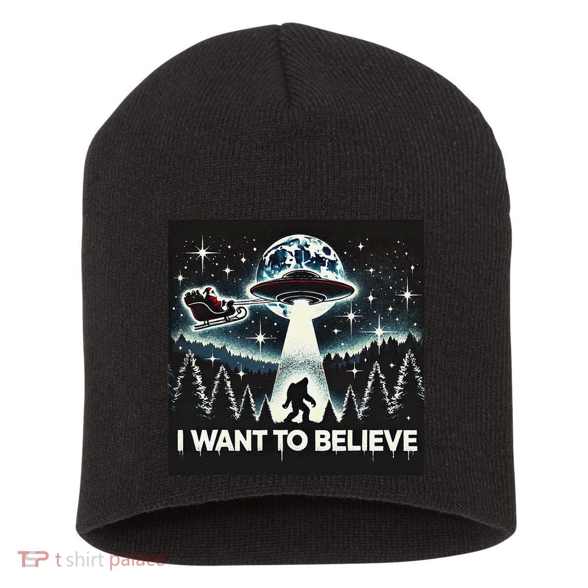 I Want To Believe Funny Ufo Bigfoot Santa Christmas Design Short Acrylic Beanie