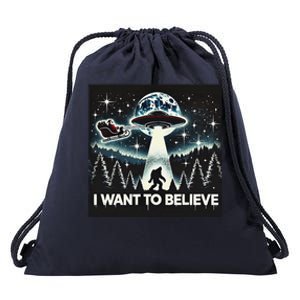 I Want To Believe Funny Ufo Bigfoot Santa Christmas Design Drawstring Bag