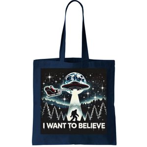 I Want To Believe Funny Ufo Bigfoot Santa Christmas Design Tote Bag