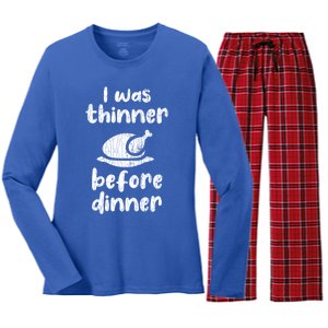 I Was Thinner Before Dinner Fun Thanksgiving Turkey Graphic Gift Women's Long Sleeve Flannel Pajama Set 