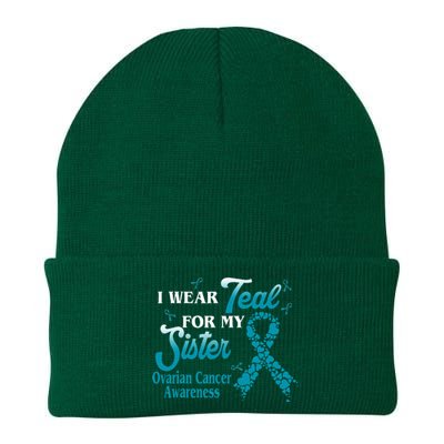 I Wear Teal For My Sister Ovarian Cancer Blue Ribbon Knit Cap Winter Beanie