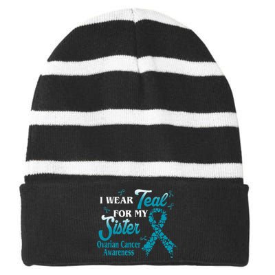 I Wear Teal For My Sister Ovarian Cancer Blue Ribbon Striped Beanie with Solid Band