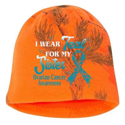 I Wear Teal For My Sister Ovarian Cancer Blue Ribbon Kati - Camo Knit Beanie