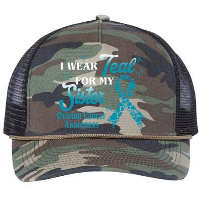 I Wear Teal For My Sister Ovarian Cancer Blue Ribbon Retro Rope Trucker Hat Cap